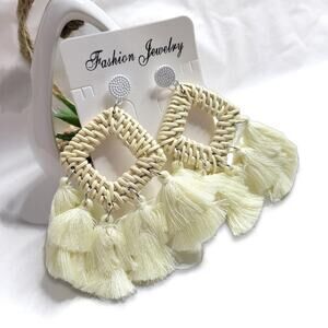 White Rattan Tassel Earrings